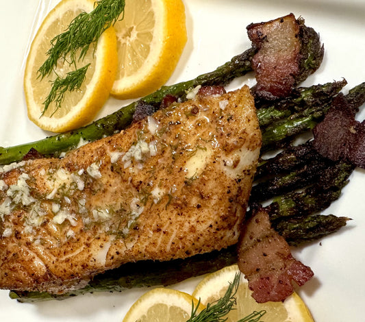 Lemon Dill Halibut with Asparagus and Bacon