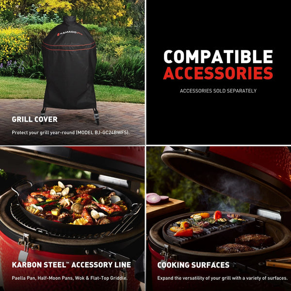 Compatible Accessories (sold separately). Grill cover model BJ-GC24BWFSI: Protect your grill year-round. Karbon Steel™ accessory line: Paella Pan, Half-Moon Pans, Wok, & Flat-Top Griddle. Cooking surfaces: Expand the versatility of your grill with a variety of surfaces.