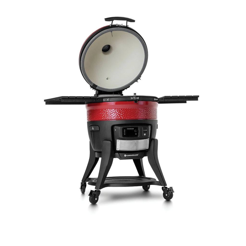 An open Big Joe Konnected Joe Digital Charcoal Grill on a premium cart with side shelves extended.