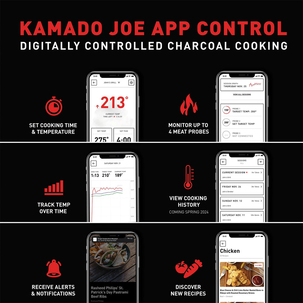 Kamado Joe App Control: Digitally controlled charcoal cooking. Set cooking time & temperature. Monitor up to 4 meat probes. Track temp over time. View cooking history. Receive alerts & notifications. Discover new recipes.