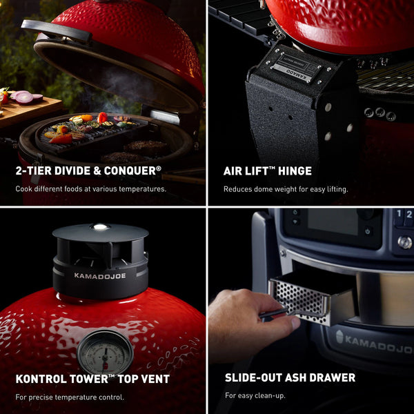 2-tier Divide & Conquer: Cook different foods at different temperatures. Air Lift Hinge: Reduces dome weight for easy lifting. Kontrol Tower Top Vent: For precise temperature control. Slide-out Ash Drawer: for easy clean-up.